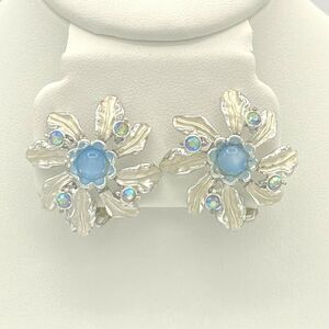 Judy Lee Clip Earrings Round Silver Tone Flower Blue Center Stone Crystal Accent